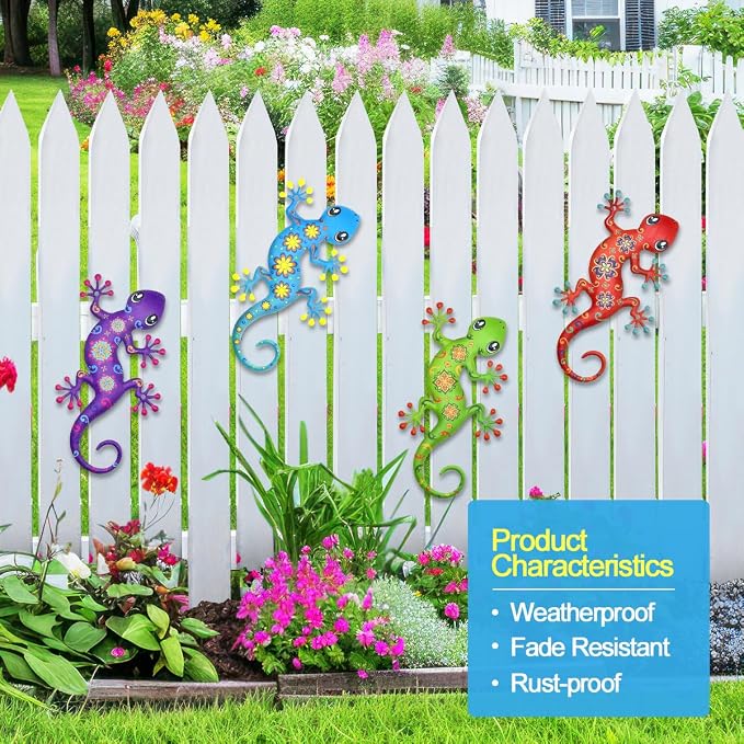 4 Pcs Metal Gecko Outdoor Decorations - Metal Wall Art Hanging Sculpture Decoration for Garden Yard Fence Porch Exterior Wall Decor