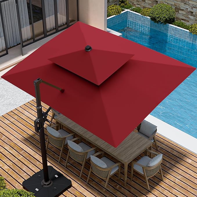 9' X 12' Cantilever Patio Umbrella with Base Included and Led Lights Double Top Rectangular Outdoor Large Offset Umbrellas with 7 Tilts Adjustable 360°Rotation for Deck Pool Garden Backyard, Red