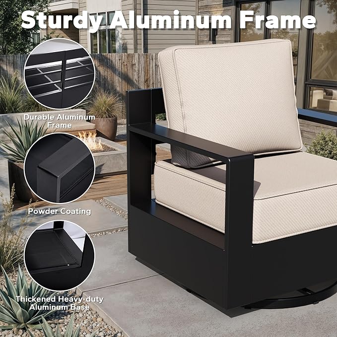 Outdoor Aluminum Furniture Set, 6-Piece Patio Conversation Set, 2 Swivel Chairs, 2 Chairs,1 Sofa and 1 Fireplace, All-Weather Metal Frame, 6" Thick Removable Cushions, Deep Setting for Porch