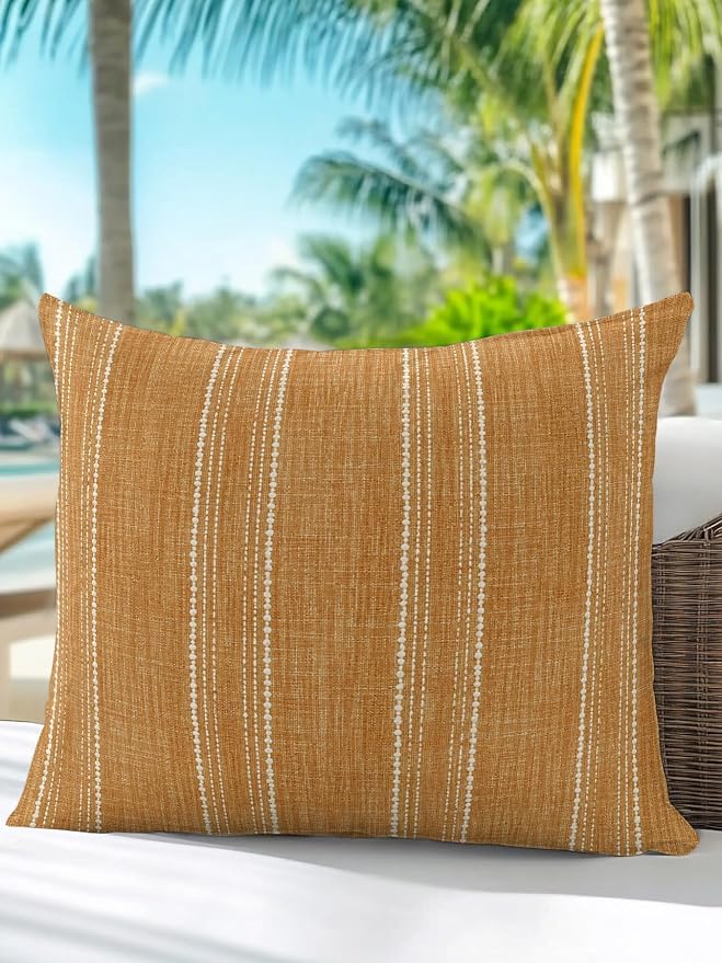 Waterproof Outdoor Pillow 1 Pack Orange Linen Stripes Decorative Throw Pillows Cover & Insert 18x18 Inch Pillowcase Parallel Vertical Lines Pillows for Couch Sofa Bed Patio Furniture Indoor Outdoor