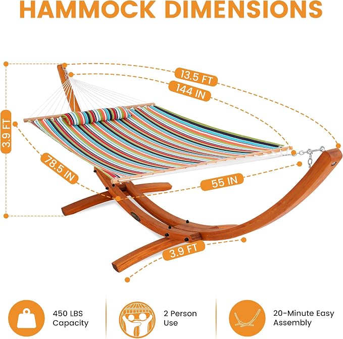 Lazy Daze Hammocks Sunbrella Fabric Hammock with 13FT Wood Arc Stand, 2 Person Outdoor Hammock Combo with Free Pillow, All Weather & Fade Resistant, for Patio Yard, 450 lbs Capacity, Carousel Confetti