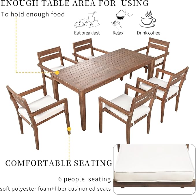 RUNNA 7-Piece Outdoor Patio Dining Set,Acacia Wood Outdoor Dining Table and Chairs Set with Armrest Chairs with Cushions for Patio, Balcony Or Backyard (Burly Wood/Acacia Wood)
