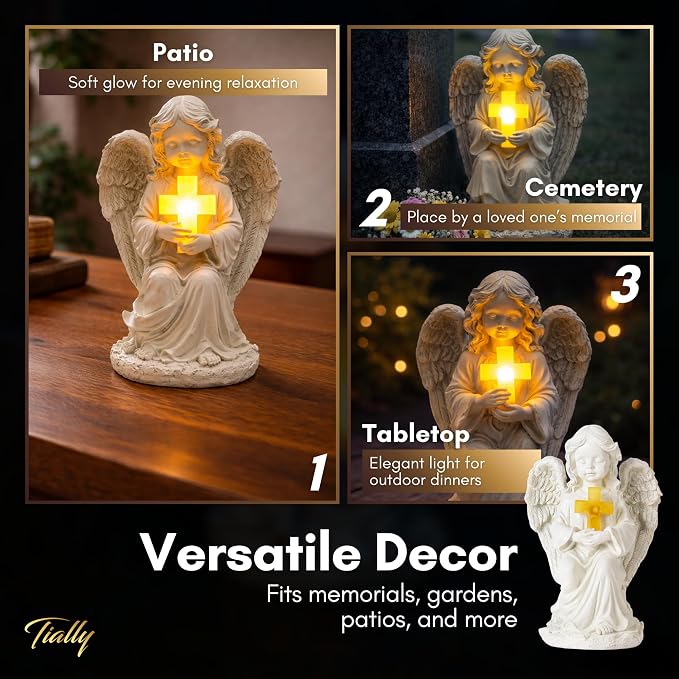 Solar Angel Garden Statue with Cross, 12" Memorial Cemetery Guardian Light | Bright all-night warm glow, true-to-size 12in, weatherproof resin built to last - not flimsy plastic; lights up every night