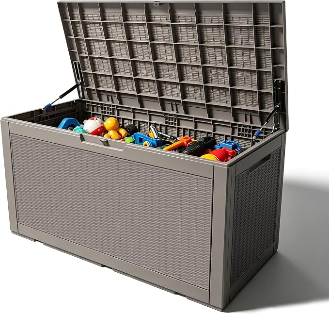 Outdoor Storage Box, 110 Gallon Waterproof Deck Box [Upgraded 3.0], Auto-Open Gas Struts Resin Organizer for Lounger Pillows, Secure Lockable Backyard Storage Bench, Poolside Deck, Grey