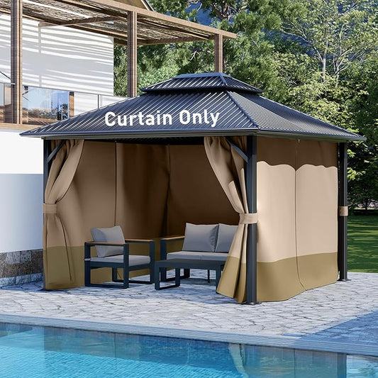 Aoodor 12x12 ft Outdoor Gazebo Curtains, 4 Panels Waterproof Privacy Sidewall Replacement with Zipper for Patio Pergola and Canopy, Sand Yellow and Khaki