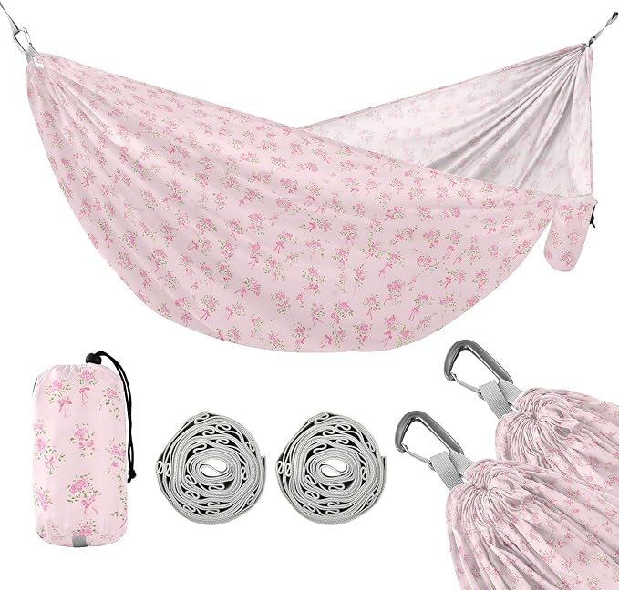 Camping Hammock Outdoor Hammocks for Outside Pink Small Floral Beach Trees Portable Lightweight with Pockets Tree Straps Indoor