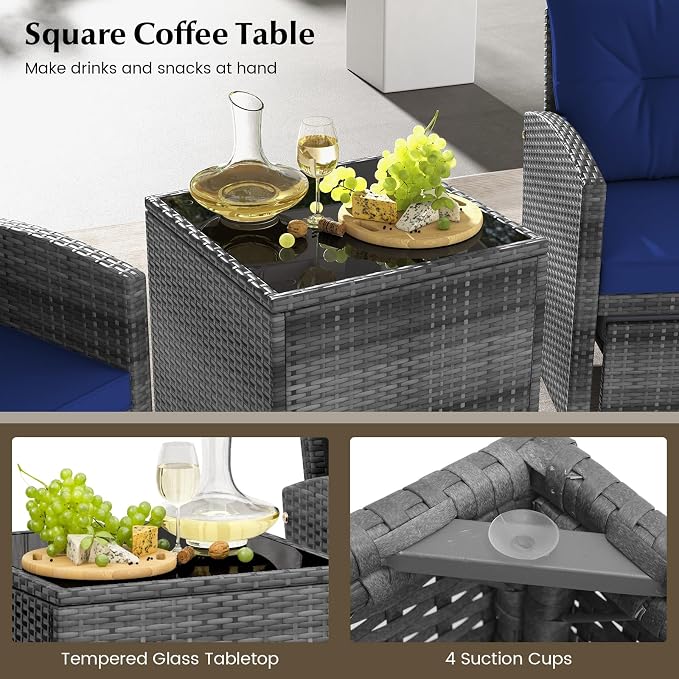 COSTWAY 5-Piece Rattan Conversation Set, Outdoor Wicker Sofa, Tempered Glass Coffee Table & Ottomans for Small Space, Boho Chic Indoor/Outdoor Furniture Set for Poolside, Backyard, Deck (Navy)