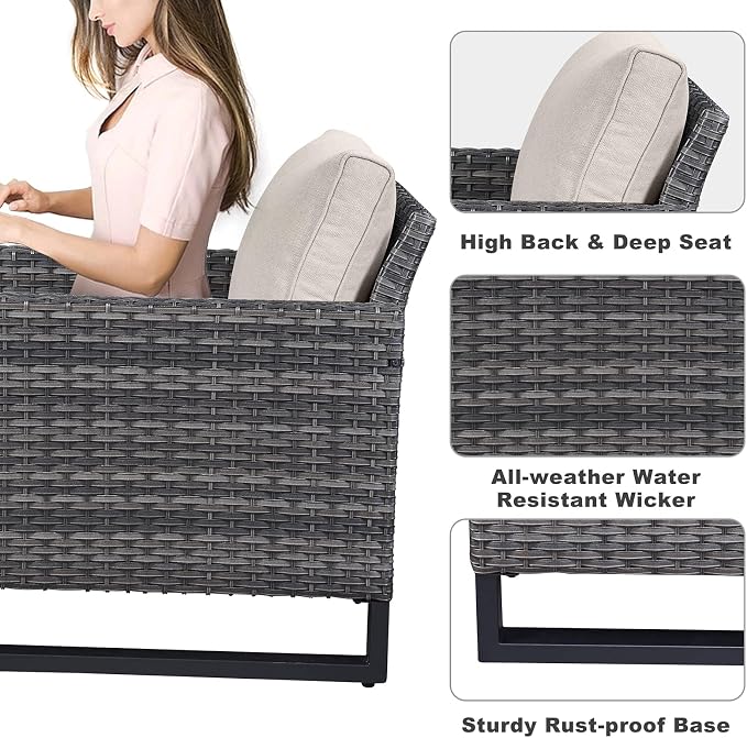 Belord Outdoor Bistro Set 3 Piece Outdoor Wicker Patio Chairs, Oversize Outdoor Rattan Seating Set, All-Weather Chairs Wicker Furniture with Metal Side Table and Water-Resistant Cushion for Outside