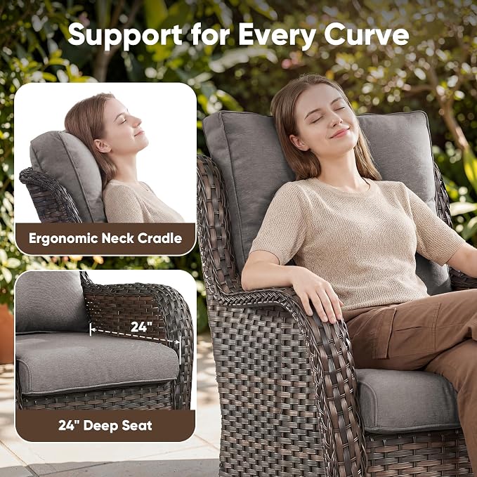 Belord Patio Furniture Set with Fire Pit Table,8 Piece Wicker Outdoor Furniture Set, Swivel Rocker Chairs with Ottomans and Loveseat, All Weather Patio Conversation Set, Pool,Yard, Brown Wicker/Gray