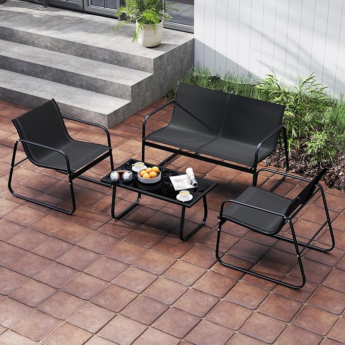 HAPPYGRILL 8 Pieces Patio Conversation Set, Fabric Lawn Chairs and Loveseat with Tempered Glass Coffee Table, Heavy Duty Metal Frame, Outdoor Furniture Set for Porch, Garden and Poolside