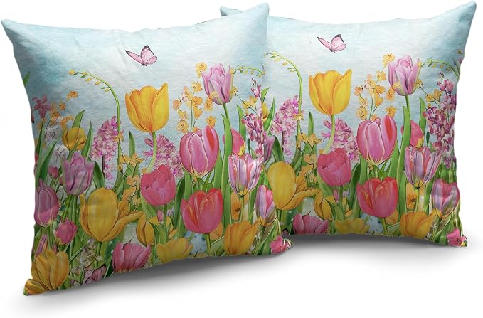 Tulip Pillow Covers 20x20 Set of 2 Spring Throw Pillow Covers Pink Yellow Tulip Floral Outdoor Pillowcase Watercolor Cotton Linen Cushion Case for Sofa Outdoor Patio