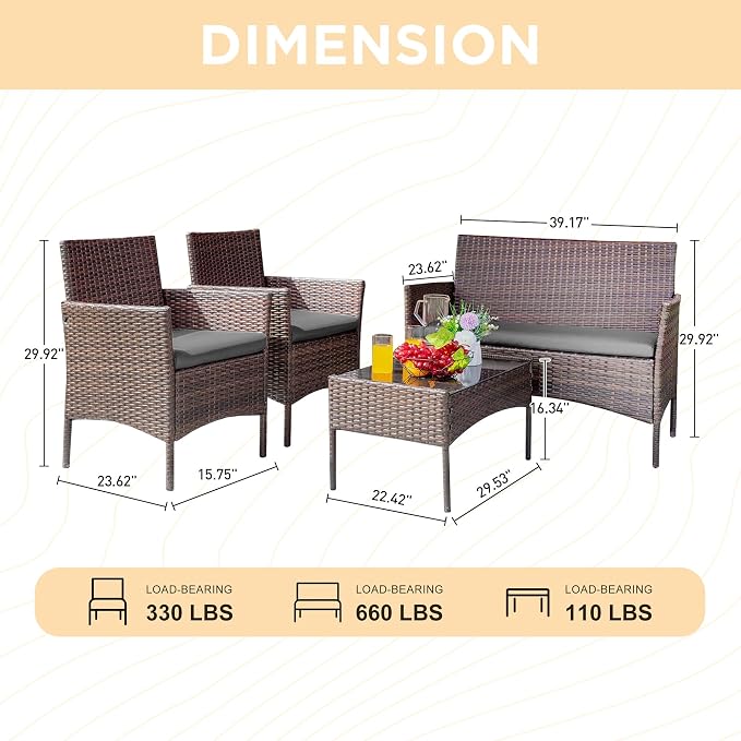 PROHIKER 4 Piece Outdoor Wicker Patio Conversation Furniture Set, Rattan Chair Wicker Sofa Garden Conversation Sets with Cushion and Glass Table for Yard Pool or Backyard, Brown/Dark Gray