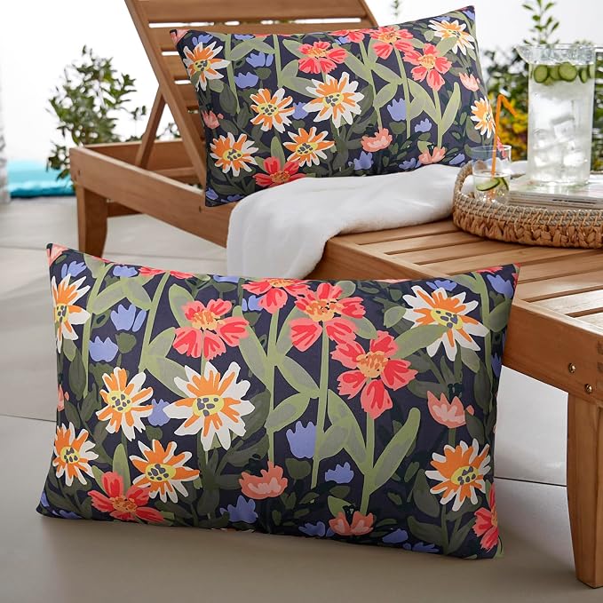 Pyonic Floral Outdoor Lumbar Pillows Covers 12x20 inch Waterproof Spring Summer Decor Outdoor Pillows for Patio Furnture Garden Bench Porch,Black