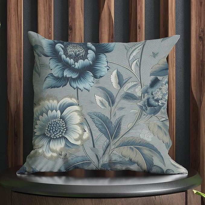 Throw Pillow Covers Spa On Flax Blue Chinoiserie Cushion Cases Retro Blue Grey Asian Flower Pillow Cover Accent Square Couch Sofa Cushion Covers for Patio Couch Sofa Office 20x20 in