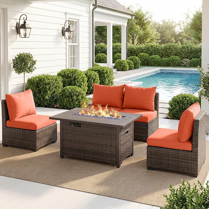 Patio Furniture Set with Fire Pit Table, Outdoor Sectional Rattan Sofa Set, Patio Set Seating Furniture with Thickened Cushions (Red, 5 Pieces)