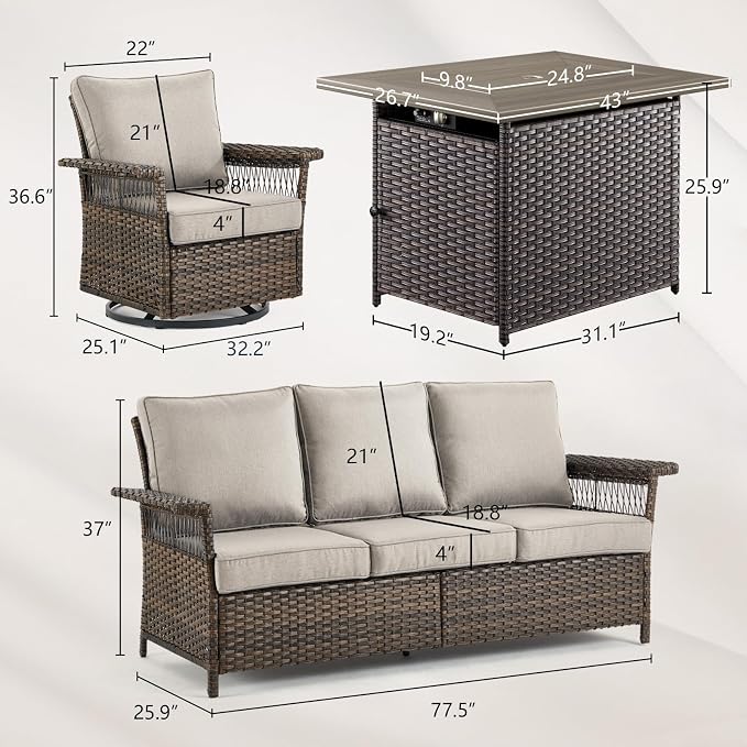 Patio Furniture Set with Fire Pit Table, 4PCS Patio Conversation Set Brown Resin Wicker Swivel Patio Chair and Sofa with 41in Rectangular Fire Table PE Rattan Patio Furniture Set