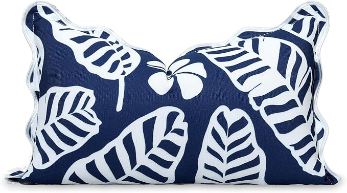 Hofdeco Premium Coastal Hampton Patio Indoor Outdoor Lumbar Pillow Cover Only, 12"x20" Water Repellent for Backyard, Couch, Poolside, Navy Blue Print Palm Leaves and Hisbucs Flowers