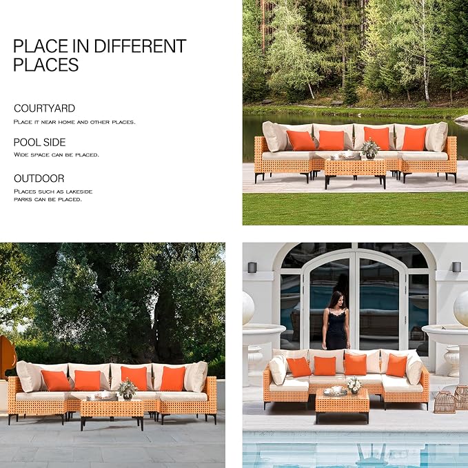 10 Piece Outdoor Patio Furniture Set Modular Outdoor Furniture Set Wicker Outdoor Sectional Sofa with Table Patio Set for Balcony Porch Deck Yard (Salmon&Orange Wicker, Sand Cushion)