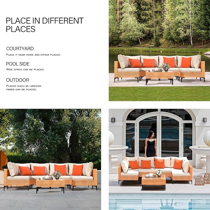 7 Piece Outdoor Patio Furniture Set Modular Outdoor Furniture Set Wicker Outdoor Sectional Sofa with Cushions and Tea Table Patio Set for Balcony Porch Deck Yard (Salmon&Orange Wicker, Sand Cushion)