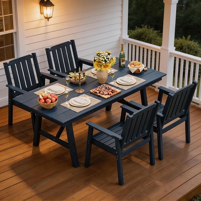 Takywep 23.9” Wide HDPE Patio Dining Chairs Set of 4, 650LBS Capacity All-Weather Yard Armchair with Slatted Seat, Heavy Duty Modern Backyard Furniture for Garden, Poolside, Deck, Blue