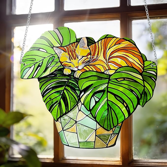 Cat Stained Glass Suncatcher Window, Hanging Sun Catchers Indoor Window, Suncatcher for Mom/Women (Monstera & Cat)