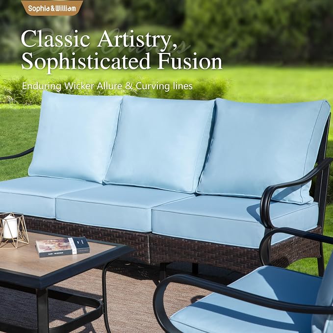 Sophia & William Patio Furniture Set with Fire Pit Table, 5 PCS Metal Outdoor Conversation Set with Fire Pit Table, 2 Sofa Chairs,1 Loveseat, 3-Seater Couch for Outdoor Seating, Backyard, Porch(Blue)