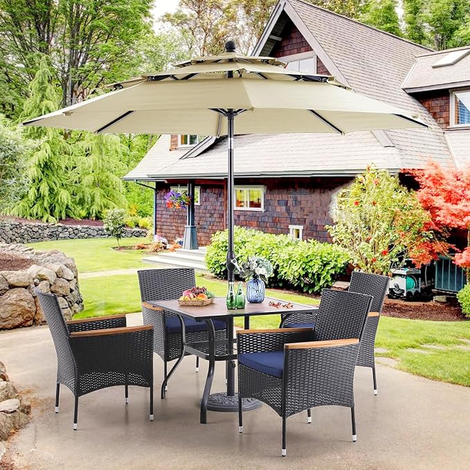 PHI VILLA 5pc Patio Dining Set with Umbrella, Square Table, Rattan Chairs | 37" Wood-like Metal Table, Cushioned PE Rattan chairs, 10ft Beige 3 Tier Auto-tilt Umbrella (Base Not Included)