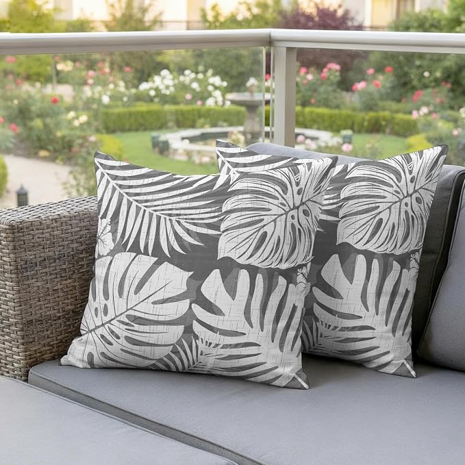 Grey Palm Leaves Outdoor Pillow Covers 26"x26" Set of 2, Tropical Botanical Modern Minimalist Waterproof Throw Pillow Covers for Patio Furniture, Decorative Cushion Covers for Porch
