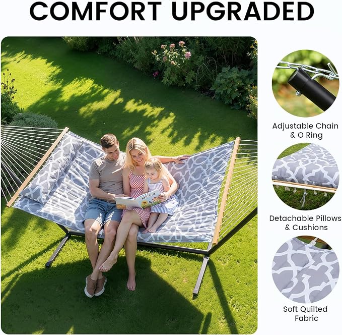 ANAGOO Double Hammock with Stand – Portable Cotton Rope Hammock with Removable Quilted Pad & Pillow, Adjustable Steel Frame for Patio, Backyard, Garden, Park, Camping & Outdoor Relaxation – White Gray