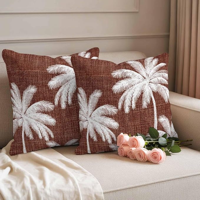 Outdoor Pillow Covers 24x24 Inch Set of 2, Brown Palm Trees Waterproof Throw Pillow Covers, Farmhouse Tropical Summer Beach Decorative Cushion Pillowcases for Couch, Sofa, Bed, Garden, Patio