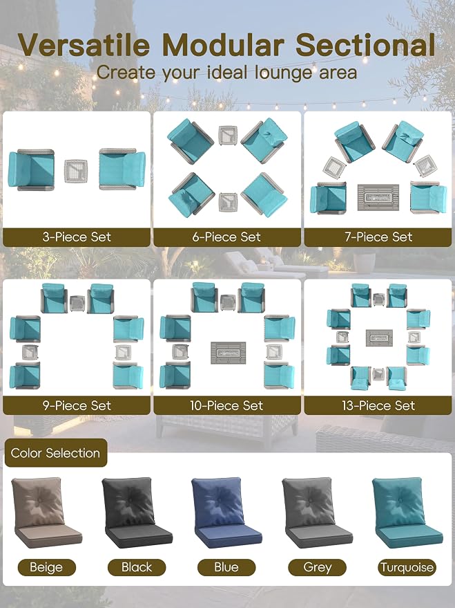 7-Piece Outdoor Conversation Set with 43" Fire Pit Table, 4 Swivel Rocking Chairs (4" Cushions) & 2 Side Tables, All-Weather PE Rattan & Steel Frame for Porch, Deck, Backyard, Turquoise