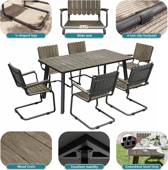 7 Piece Outdoor Conversation Set for 6, HDPE Patio Seating Set with Table and Chairs, All-Weather Outdoor Lounge Furniture with Umbrella Hole for Garden, Porch, Poolside, Gray