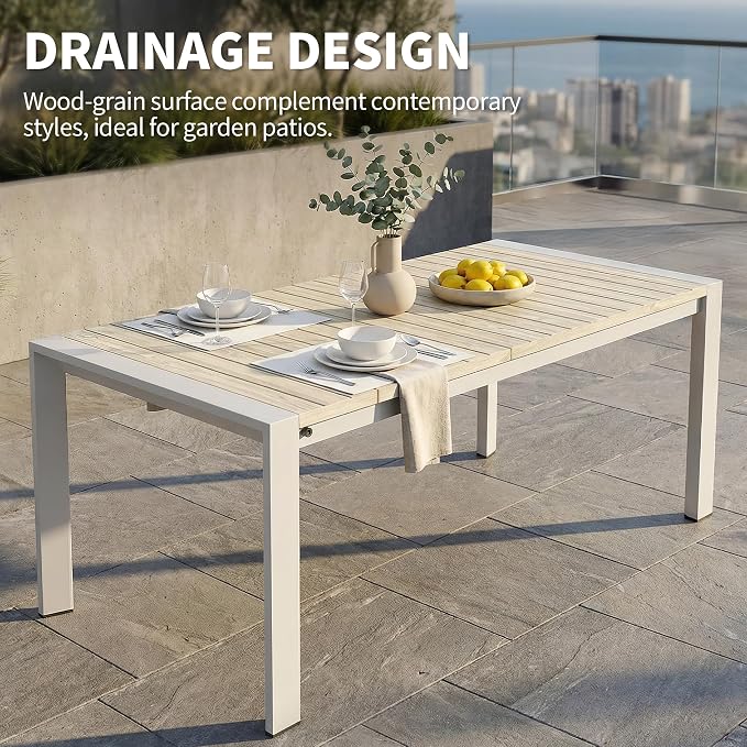 Outdoor Dining Table, Extendable Patio Dining Table for 6-10 People, Aluminum Frame with Wood-Grain Surface Drainage Design, All-Weather Expandable Dining Furniture Set for Garden Lawn Patio