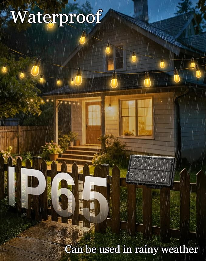 50ft Solar Powered Lights Outdoor - Waterproof String Light Outside Patio | Yard Garden Fence Backyard Deck Porch Balcony Patios Camping Battery Operated Lighting Hanging with LED Edison Bulbs S14