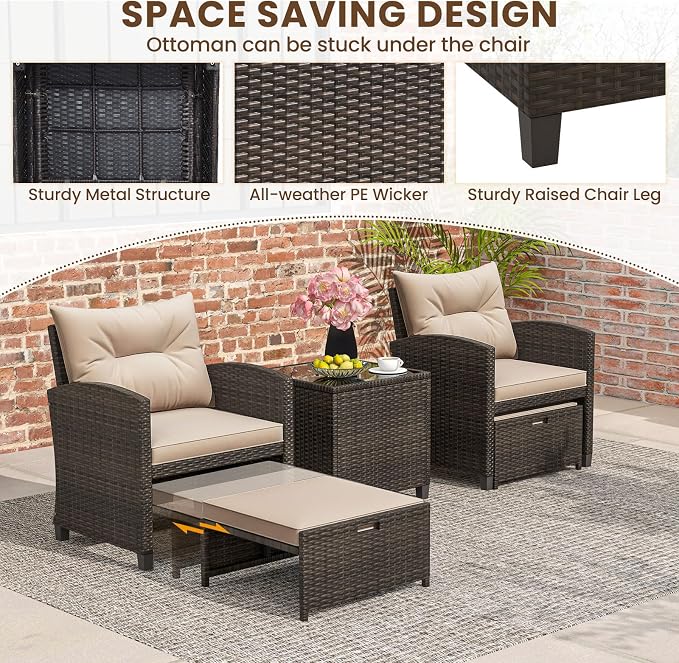 ORALNER 5 Pieces Patio Furniture Set with Ottoman, Wicker Conversation Set w/Cushions, Glass Coffee Table, Outdoor Rattan Lounger Chairs Bistro Set for Porch Balcony Garden Deck Poolside (Beige)