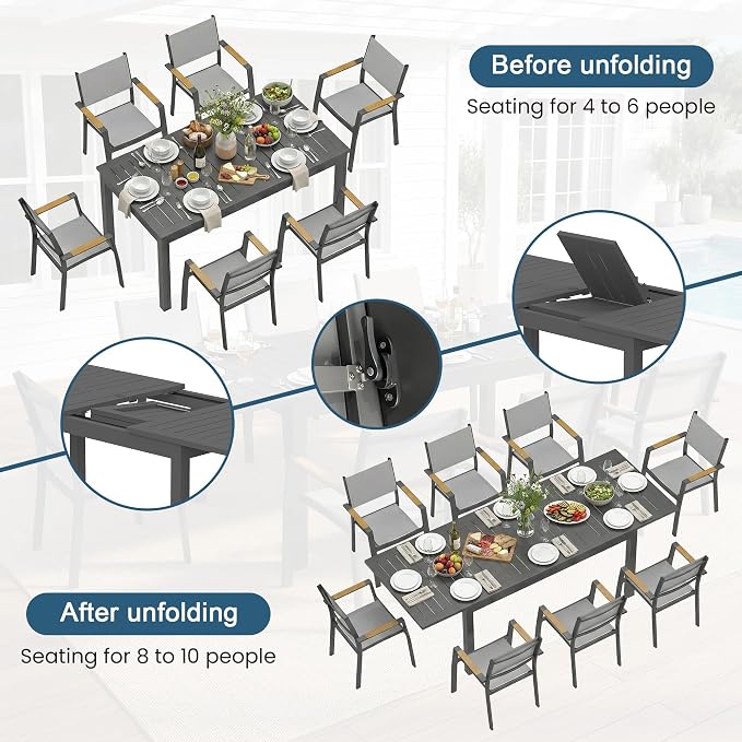 Wisteria Lane Aluminum Outdoor Patio Table and Chairs Set with 91.7" L-62 L Expandable Dining Table, 9-Pieces Outdoor Dining Set for 8, Patio Furniture Set with Stackable Quick Drying Chairs, Grey