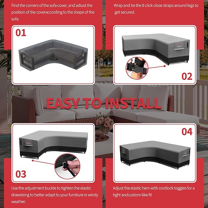Rosefray 600D Outdoor L-Shaped Sectional Cover,Heavy Duty Anti UV Patio Sectional Sofa Cover with Air Vent, Waterproof Furniture Covers for Deck, Lawn,Backyard Left Facing 85''x105'' Black Gray