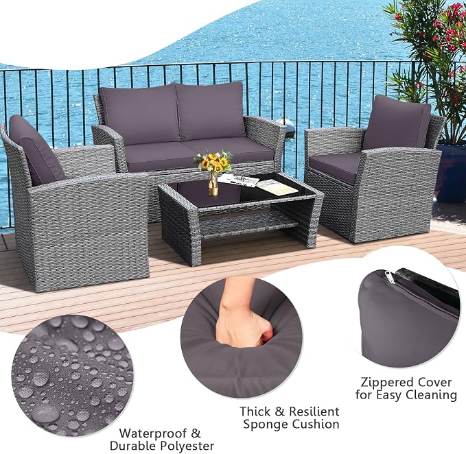 RELAX4LIFE 4-Piece Patio Conversation Seat - Wicker Sofa Set w/Seat & Back Cushions, Coffee Table w/Tempered Glass Tabletop, Outdoor Rattan Sofa Set for Backyard, Porch (Grey)