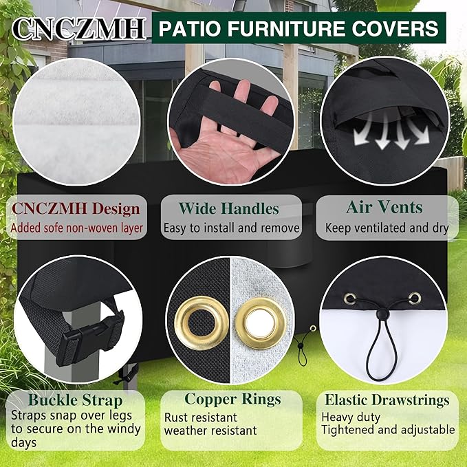 Heavy Duty Patio Furniture Covers Waterproof, 600D Outdoor Furniture Cover Waterproof for Sectional Sofa Couch, Outdoor Dining Table and Chair Set Covers 138''L x 76''W x 28''H, Black
