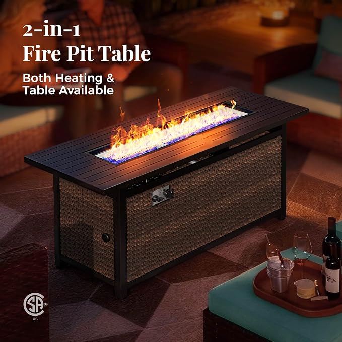 MIXPATIO Patio Furniture Set, 8 Pcs Wicker Rattan Outdoor Conversation Set, 4 x Leg Chairs, 1 x 3 Seater Sofa and 2 x Ottoman with 4" Thick Cushion and 56" Fire Pit Table, Blue