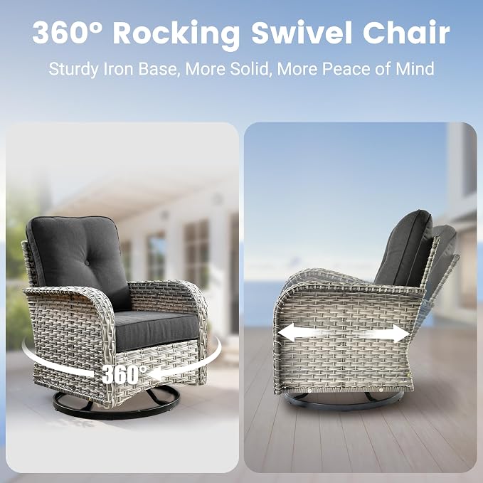 8-Piece Wicker Outdoor Sectional Furniture, Wide Armrest Patio Couch with Swivel Rocking Chair Ottoman Solar Table, Modular Sofa Rattan Conversation Sets for Backyard Deck Garden, Black