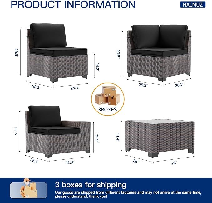 6 Pieces Patio Furniture Sets with Glass Tea Table,PE Rattan Wicker Patio Conversation Set with Washable Cushions,Outdoor Patio Sectional Furniture Set for Backyard, Poolside, Garden,Black