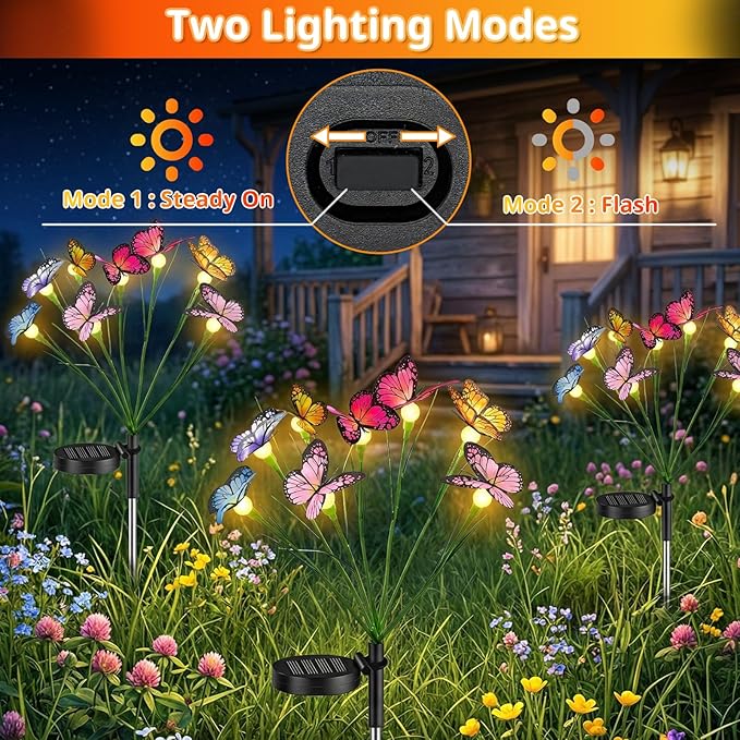 Solar Butterfly Lights Outdoor, 2 Pack 16 LED Solar Garden Lights Waterproof, 2 Modes Solar Powered Outdoor Light for Outside Patio Pathway Yard Lawns Landscape Party Decorations