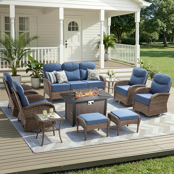 10 Pieces Luxury Patio Furniture Set with 42.5" Fire Pit Table, 6-Inch Thick Cushions Wicker Outdoor Furniture with Swivel Patio Chairs Set of 4, Outdoor Patio Conversation Set for Garden Deck, Blue