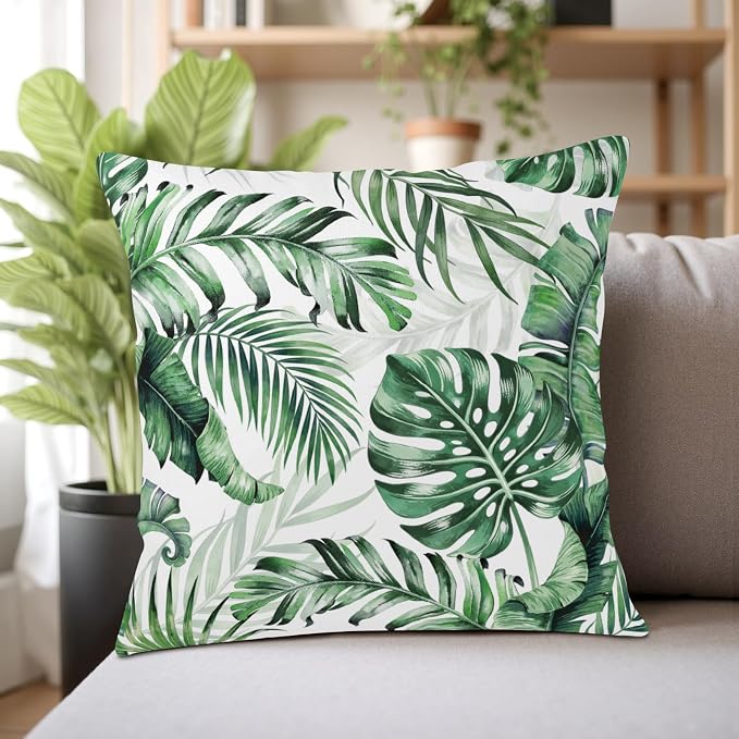 Tropical Pillow Covers Summer Palm Leaf Throw Pillow Covers 24x24 Hawaiian Green Monstera Banana Leaves Pillow Cases Linen Outdoor Cushion Cases for Home Bedroom Living Room 2Pcs
