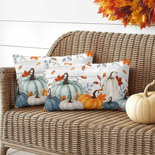 Fall Waterproof Outdoor Pillow Covers 20''x12'' Set of 2, Thanksgiving Maple Leaf Branch Vintage Wooden Patio Cushion Covers for Chairs,Decorative Blue Green Pumpkin Pillow Cases for Garden/Pool/Beach