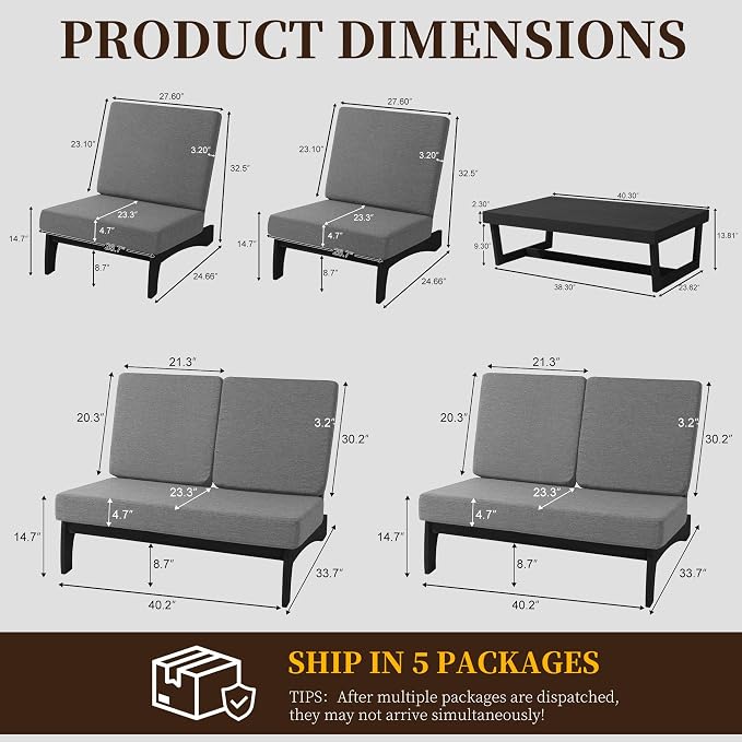 5 Pieces All Weather Black Wood Patio Furniture Sets, 2 Patio Loveseat, 2 Patio Bistro Chair, Outdoor Sectional Sofa Furniture Backyard Conversation Set with Coffee Table - Gray