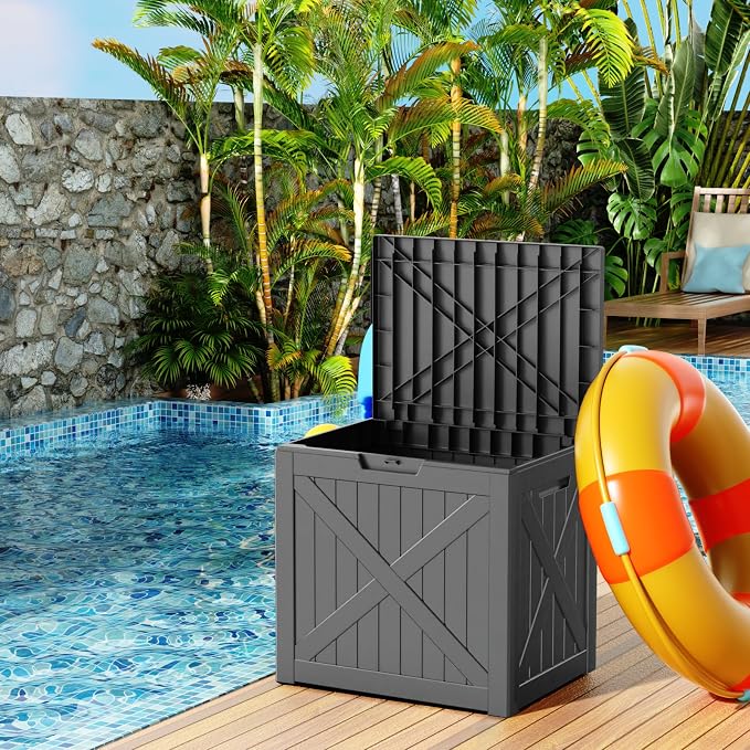 Waterproof Outdoor Storage Box, 32 Gallon Lockable Deck Box, UV-Resistant Outside Storage Bin With Hydraulic Lid For Patio Furniture, Cushion Organizer, Garden Tools, Pool Accessories, Black