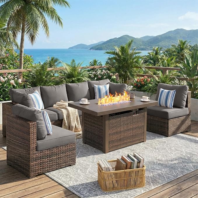 7 Piece Patio Furniture Set with 44" Fire Pit Table, Outdoor Sectional Couch, PE Rattan Patio Conversation Sets with 4inch Cushions for Backyard Grey (GY)