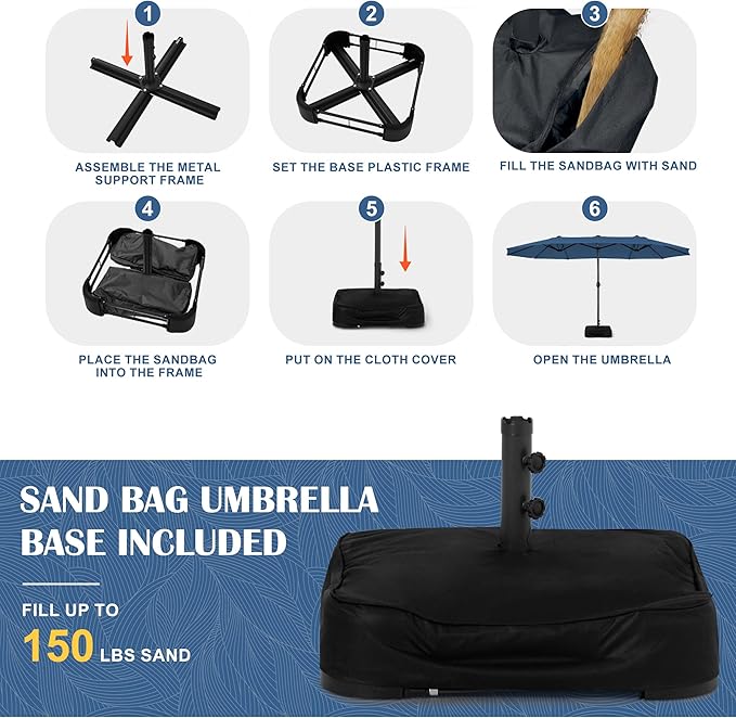 Sundale Outdoor Solar 144 LED 15 ft Patio Umbrella with Sandbag Base Included and Cover, Outdoor Double-Sided Umbrella with Lights